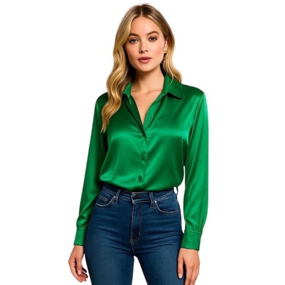 Women’s Green Satin Blouse Long Sleeve  Party Formal Button-Up Size 18 Date - Picture 1 of 10